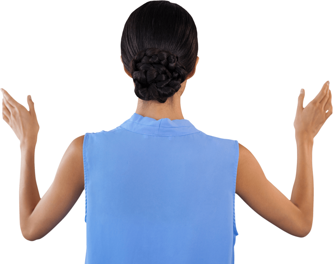 Businesswoman with Elegant Bun Using Transparent Interface