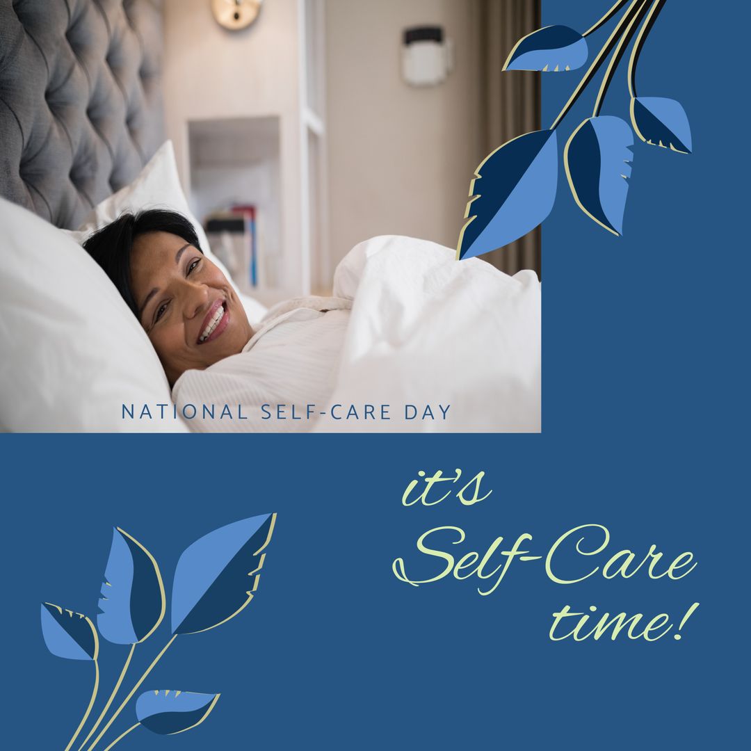Woman Relaxing in Bed on National Self-Care Day Banner