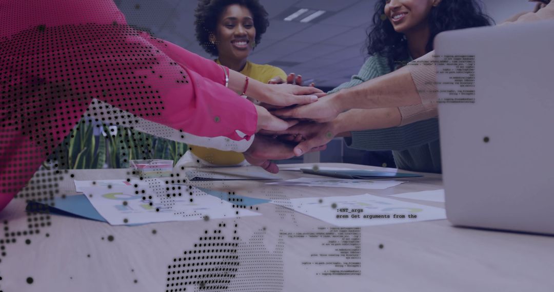 Team Building with Digital Data Overlay in Modern Office