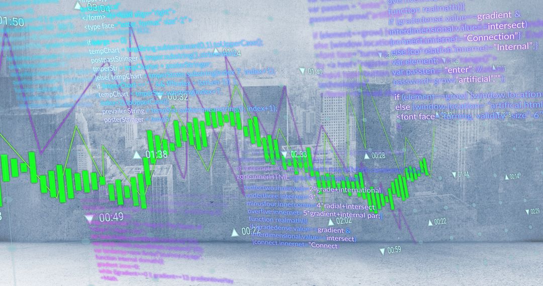 Abstract Digital Data Visuals over Cityscape Background
