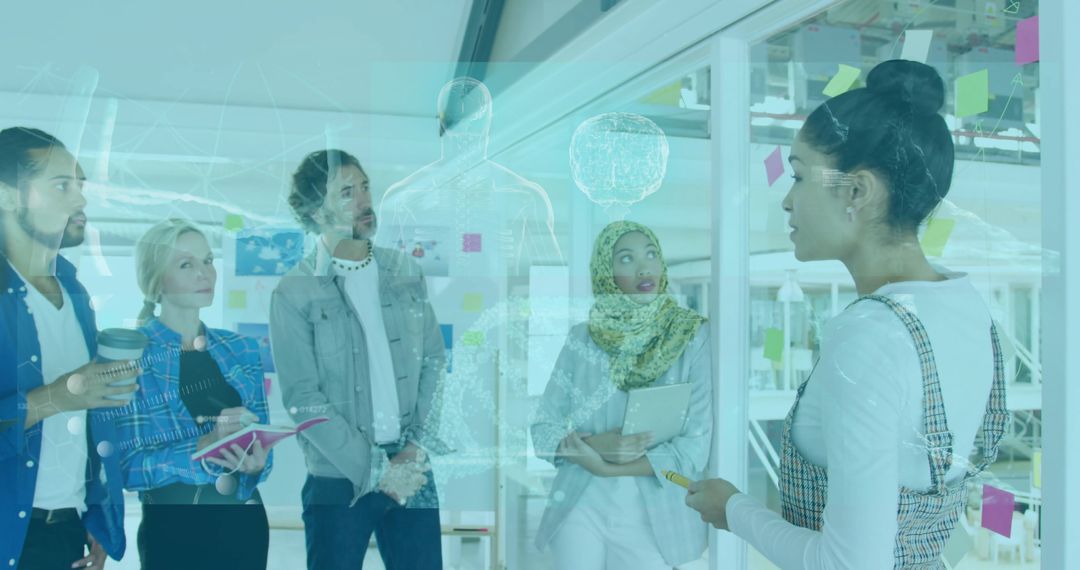 Diverse Team Engaging in Innovative Meeting with Digital Projections