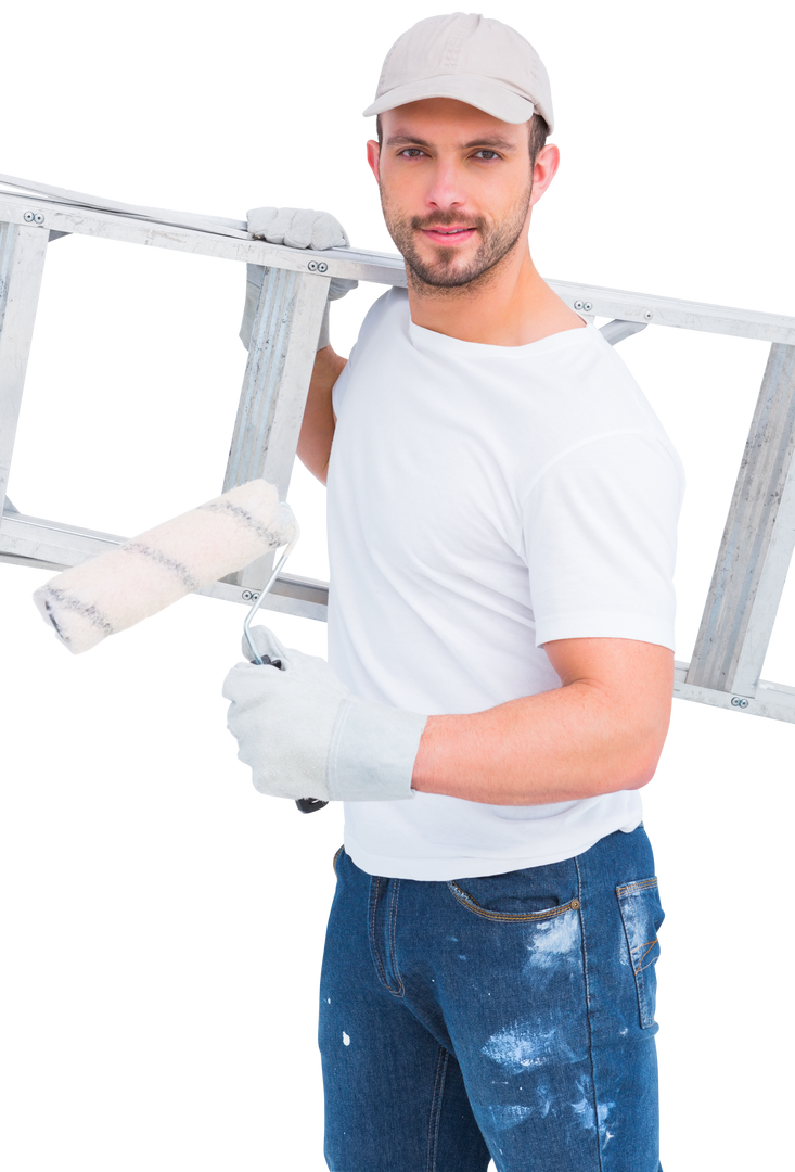 Handyman with Paint Roller carrying Ladder in Transparent Isolated Setting - Download Free Stock Images Pikwizard.com