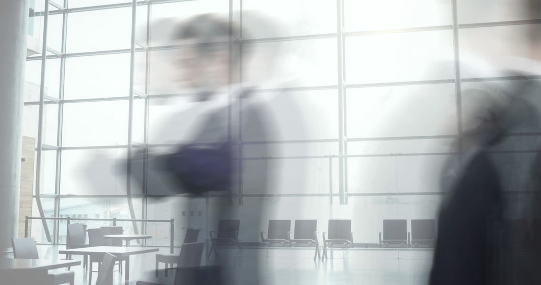 Blurred professionals walking through modern office atrium conveying speed and efficiency