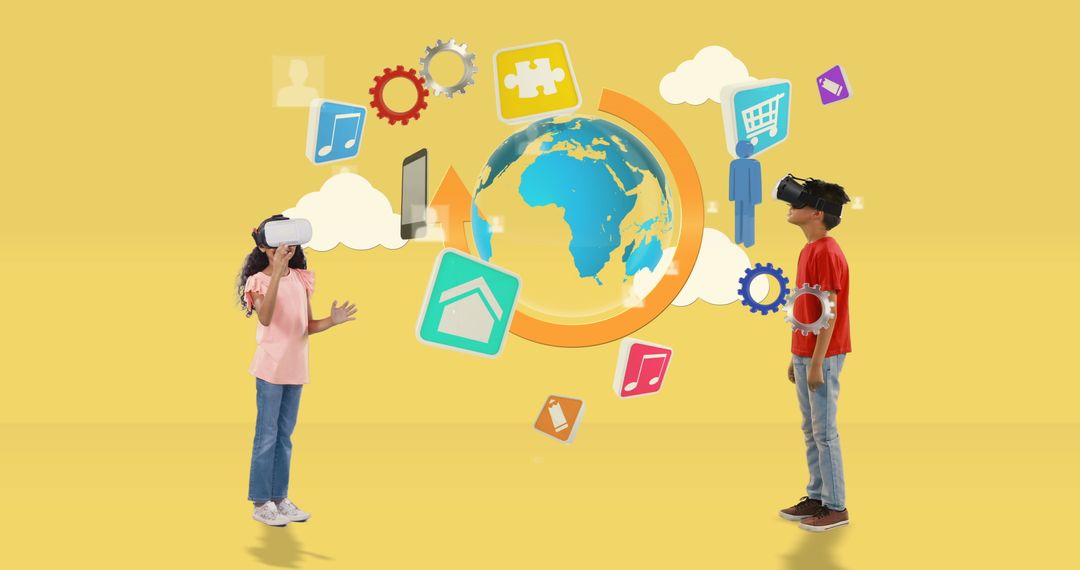 Children Exploring Virtual World with VR Headsets Surrounded by Digital Icons