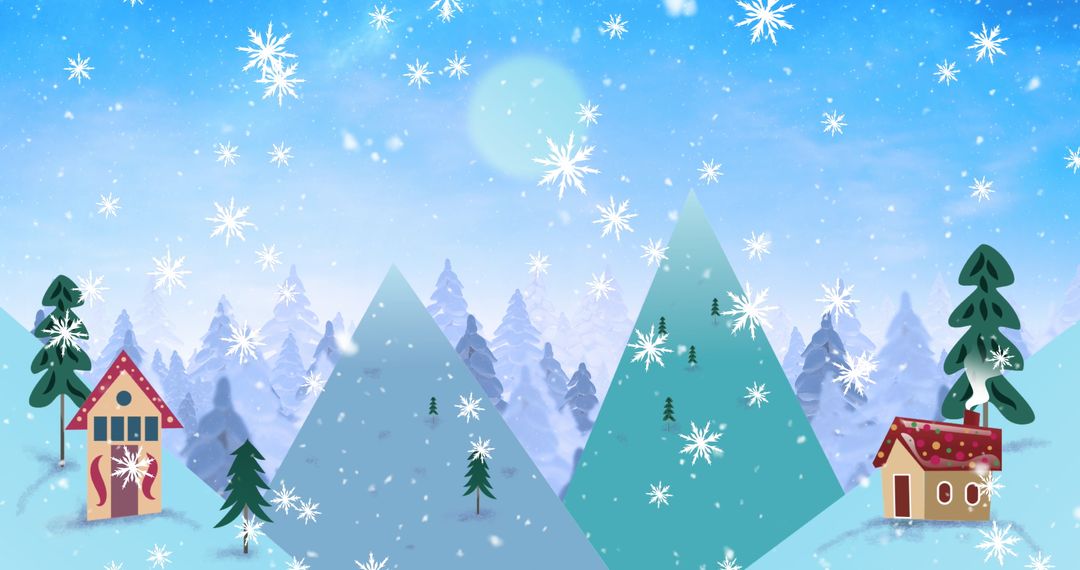 Festive Winter Wonderland with Snowflakes and Cozy Cabins