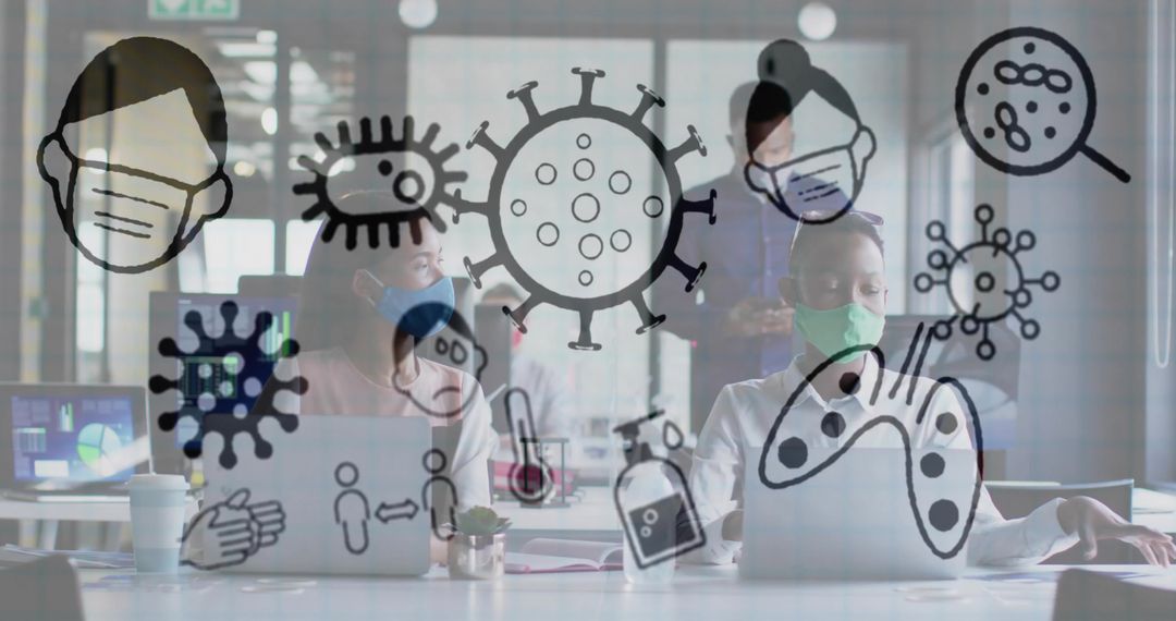 Masked Professionals Collaborating in Modern Office with Health Icons Overlay