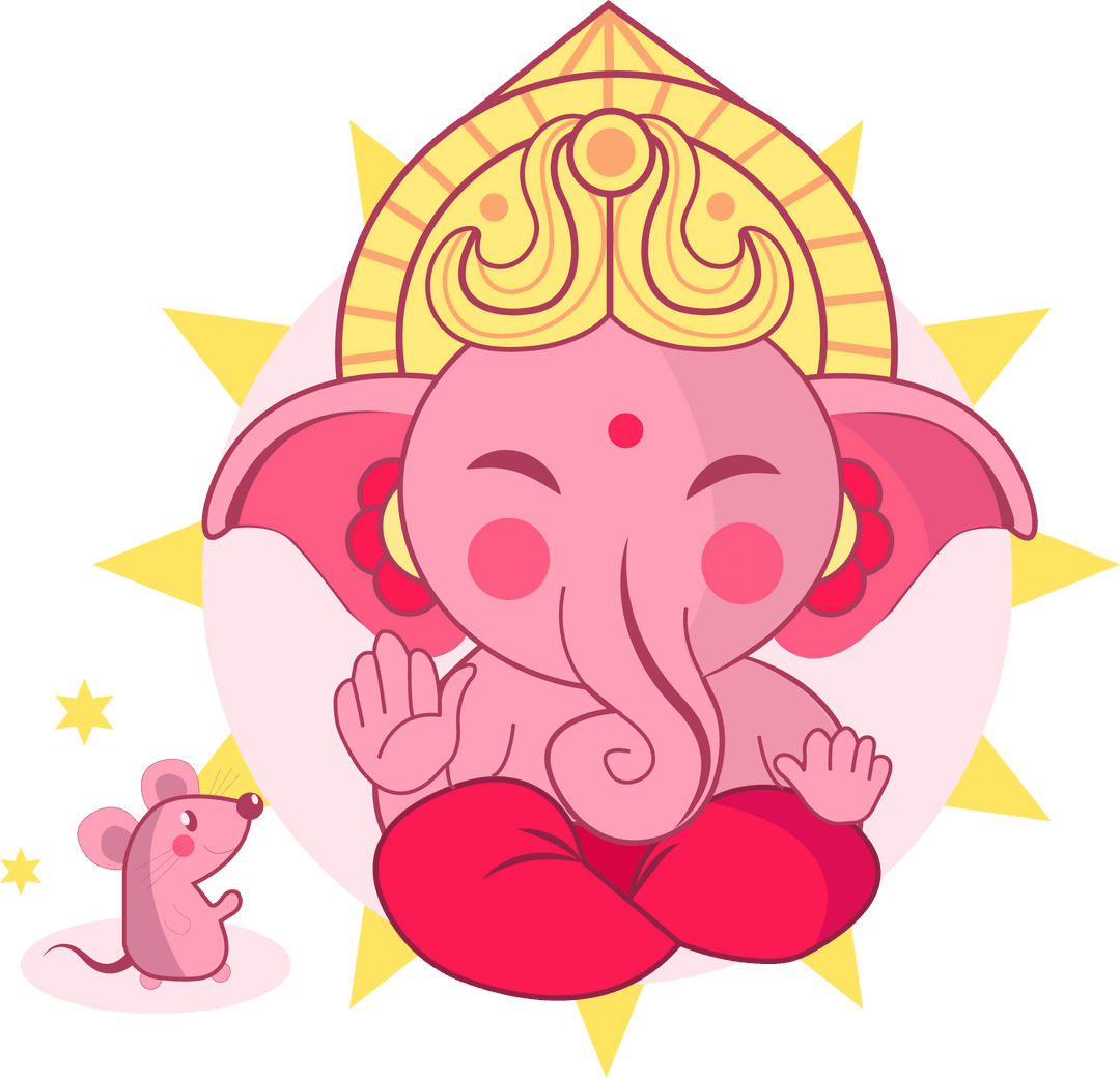 Pink Elephant Deity with Crown and Mouse on Transparent Background