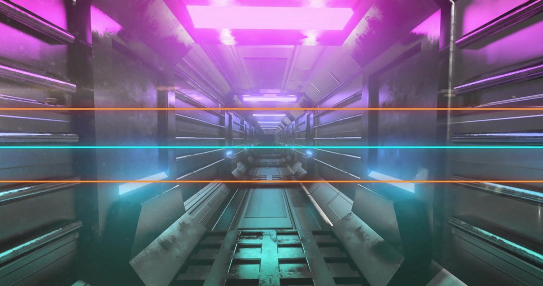 Futuristic Spaceship Corridor with Neon Lighting and Metal Panels