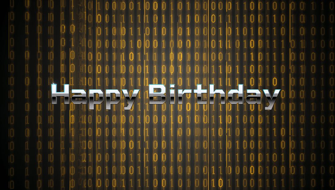 Shimmering Chrome Happy Birthday Banner Glowing Over Futuristic Binary Data Background
