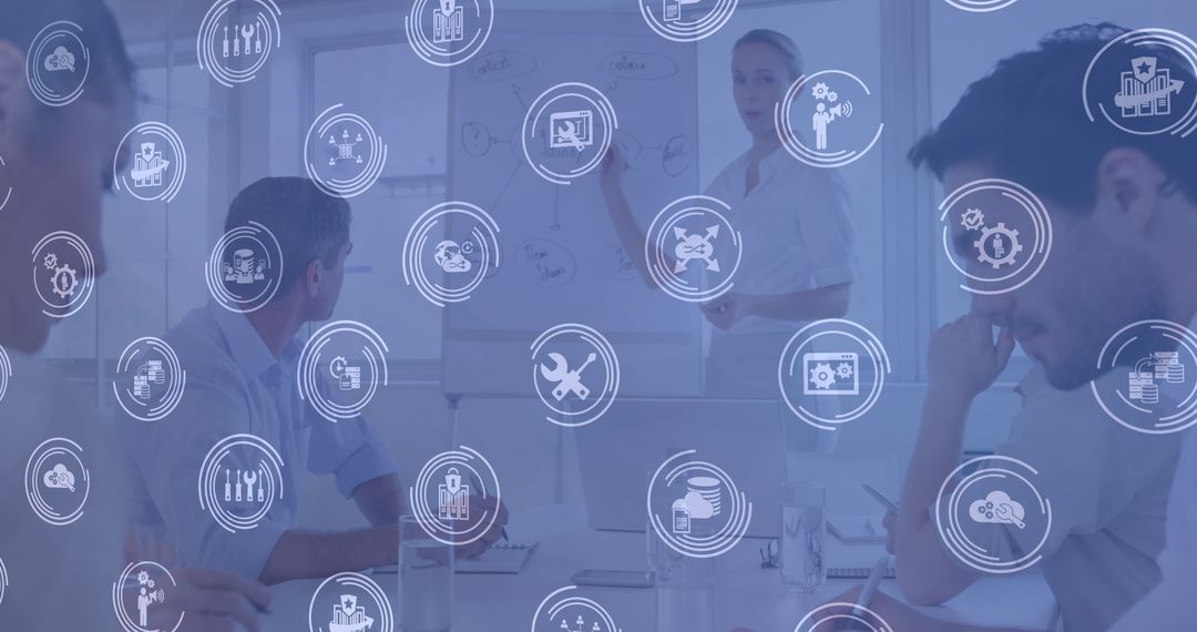 Business Meeting with Technology Icons Overlay Concept