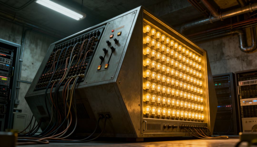 Industrial control chassis leaning on concrete floor with glowing bulb grid, patch panel and cables