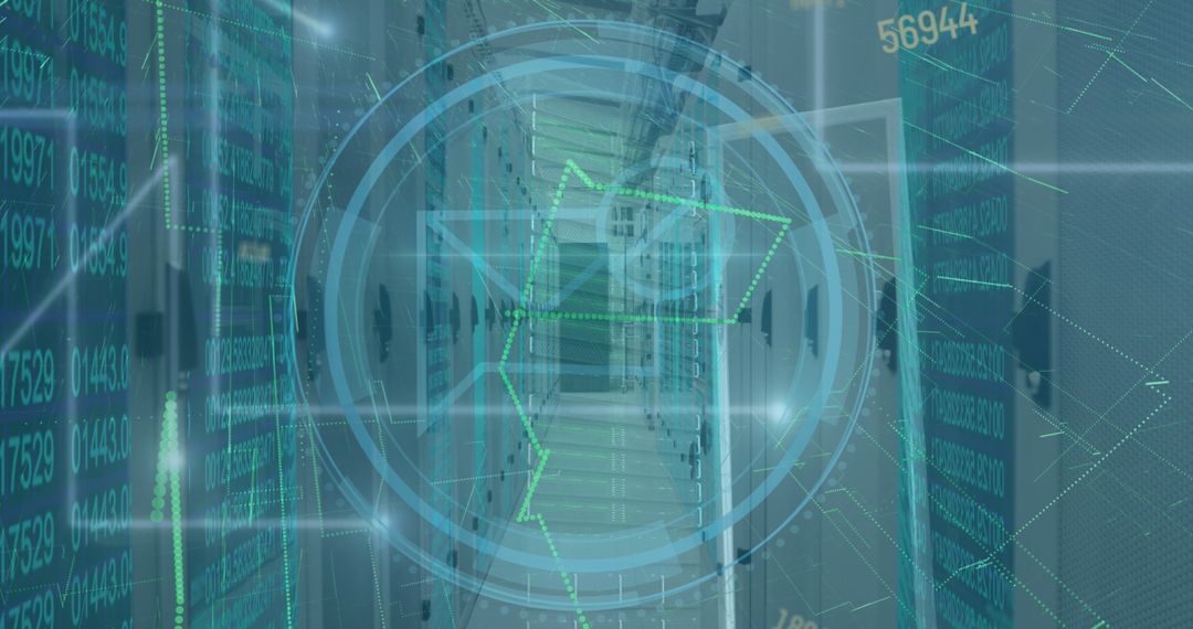 Futuristic Hologram Overlay on Data Server Corridor