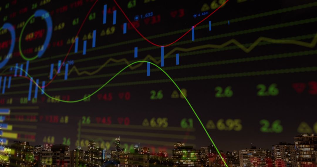 Dynamic Financial Graphs Overlaying Night Cityscape