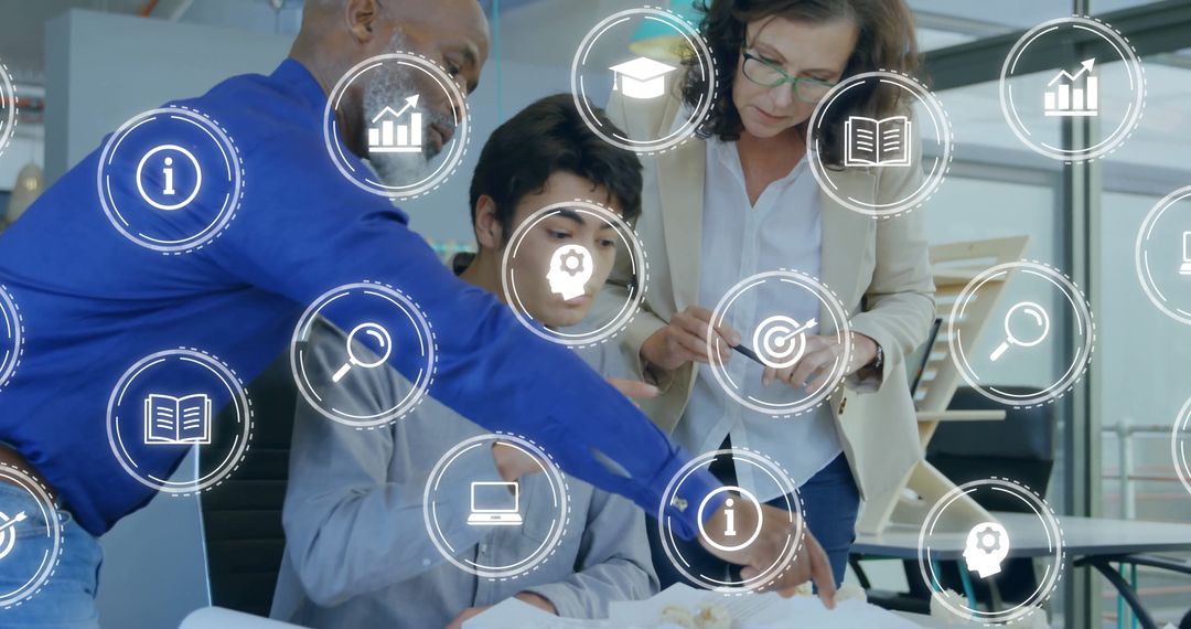 Diverse Professionals Analyzing Data with Technology Icons