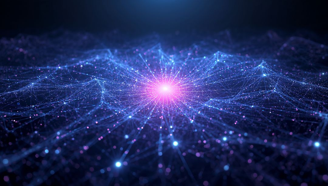 Radiating Magenta Node in Neon Network Mesh for AI and Data Visualization, Futuristic Holography