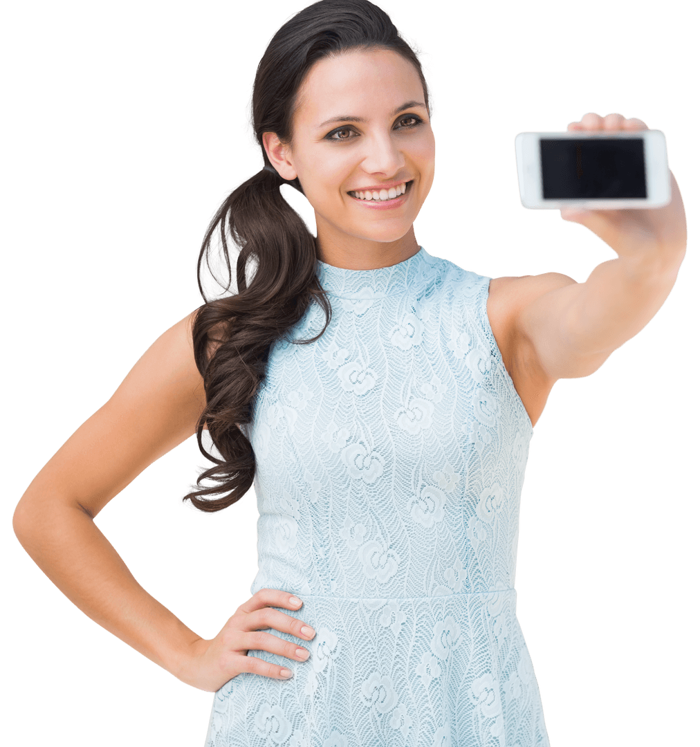 Smiling Woman Holding Smartphone Displaying Hire Also Transparency