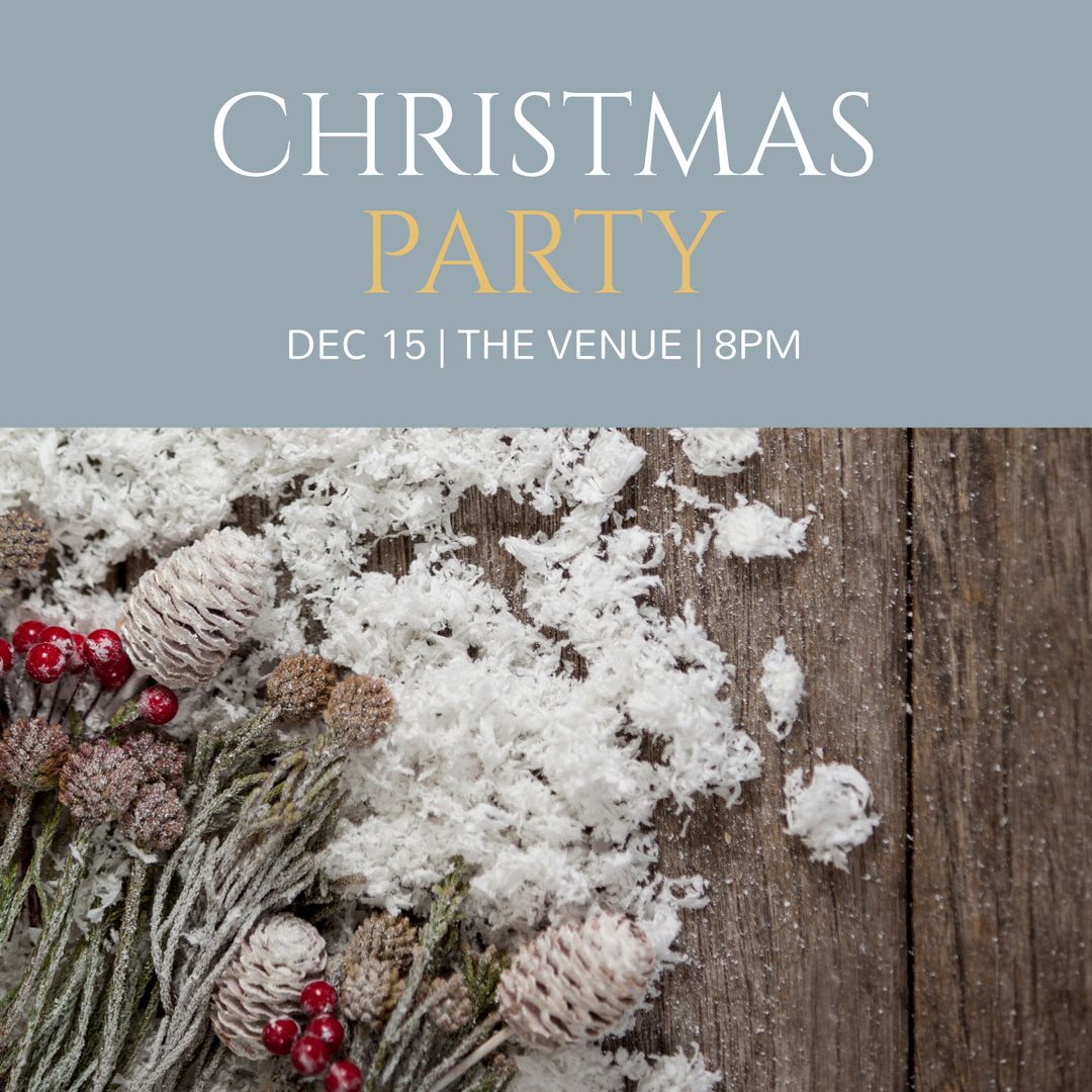 Festive Christmas Party Invitation with Snow-Dusted pine cones