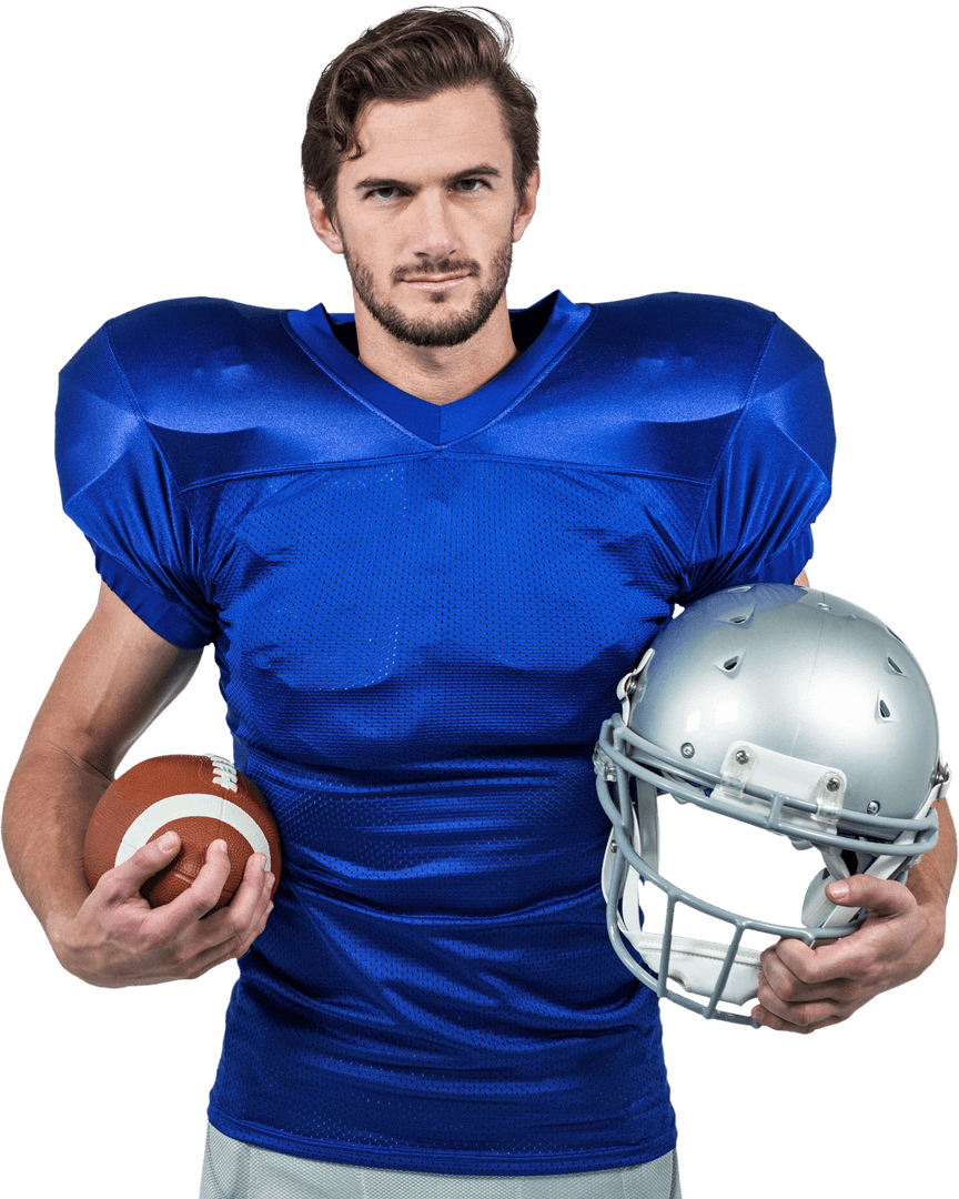 Confident American Football Player in Blue Jersey on Transparent Background
