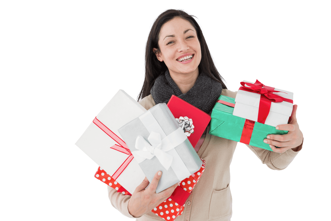 Joyful Woman Holding Gifts on Transparent Background