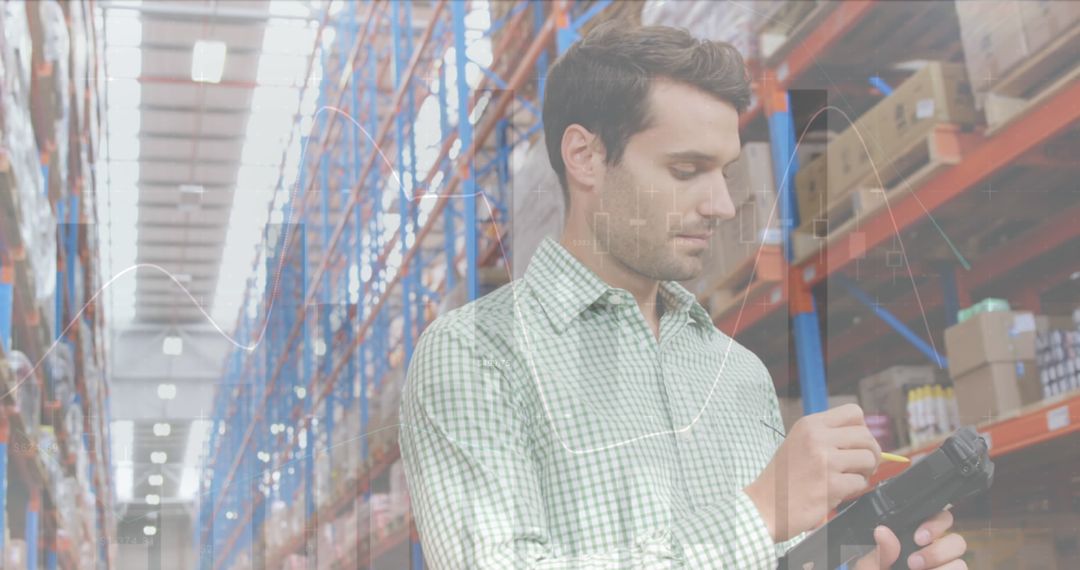 Warehouse Worker Using Digital Tablet for Inventory Management