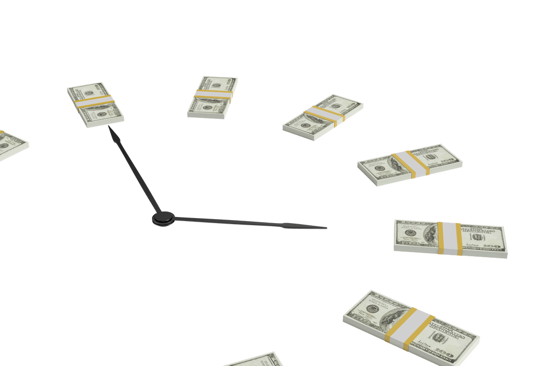 Clock with Money Bundles as Hands on Transparent Background