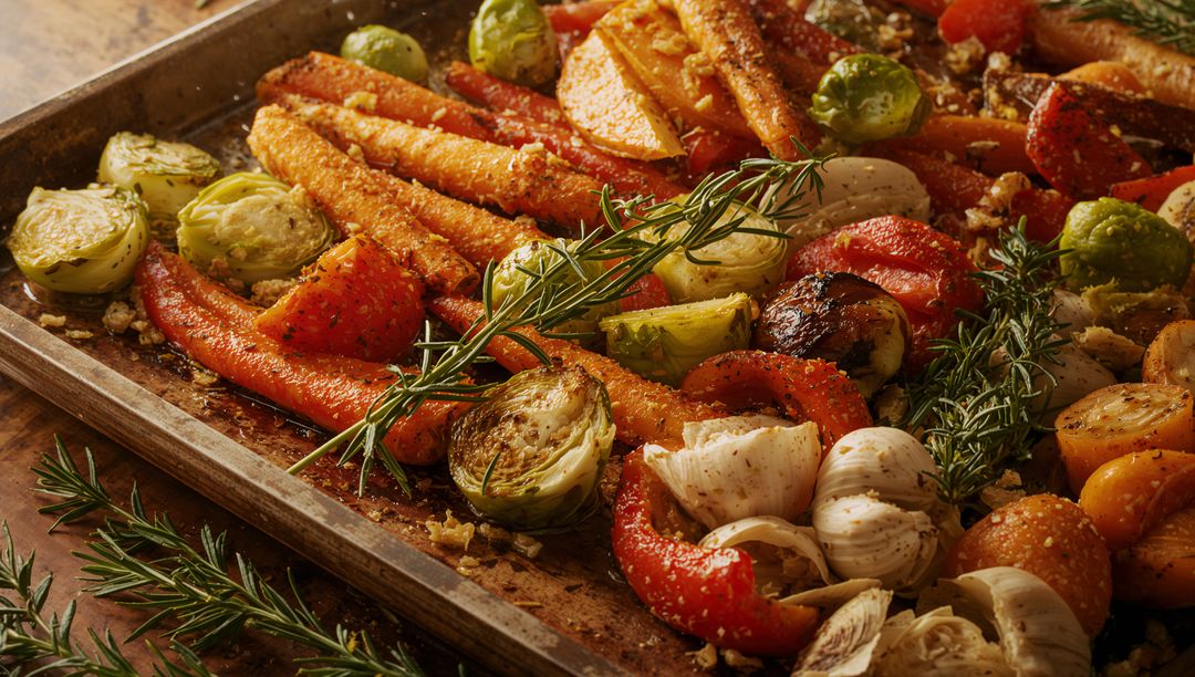 Roasting Sheet Pan Vegetables with Carrots, Brussels Sprouts, Garlic and Rosemary