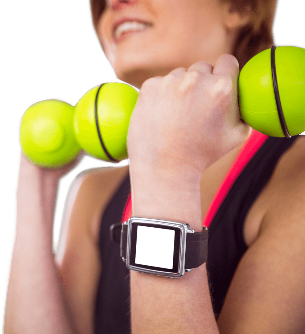 Healthy Woman in Gym Lifting Transparent Green Dumbbells