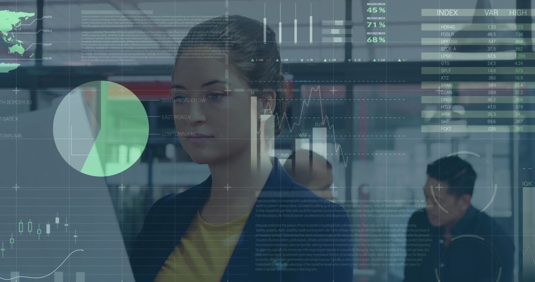 Modern Business Woman Analyzing Financial Data in Futuristic Workspace