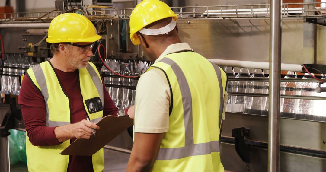 Factory Workers Discussing Production Details with Clipboard - Free Images, Stock Photos and Pictures on Pikwizard.com