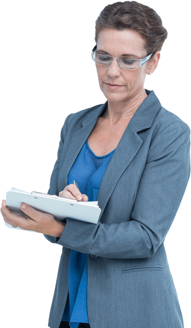Caucasian Businesswoman Taking Notes with Transparent Background
