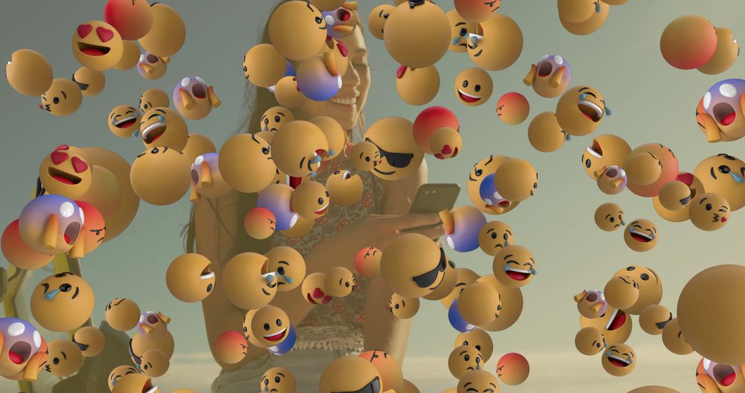 Woman Using Smartphone Surrounded by Floating Emojis on Beach