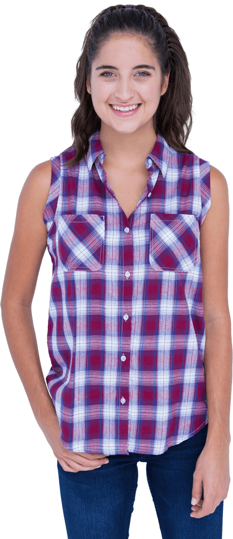 Happy Woman Smiling in Plaid Shirt on Transparent Background