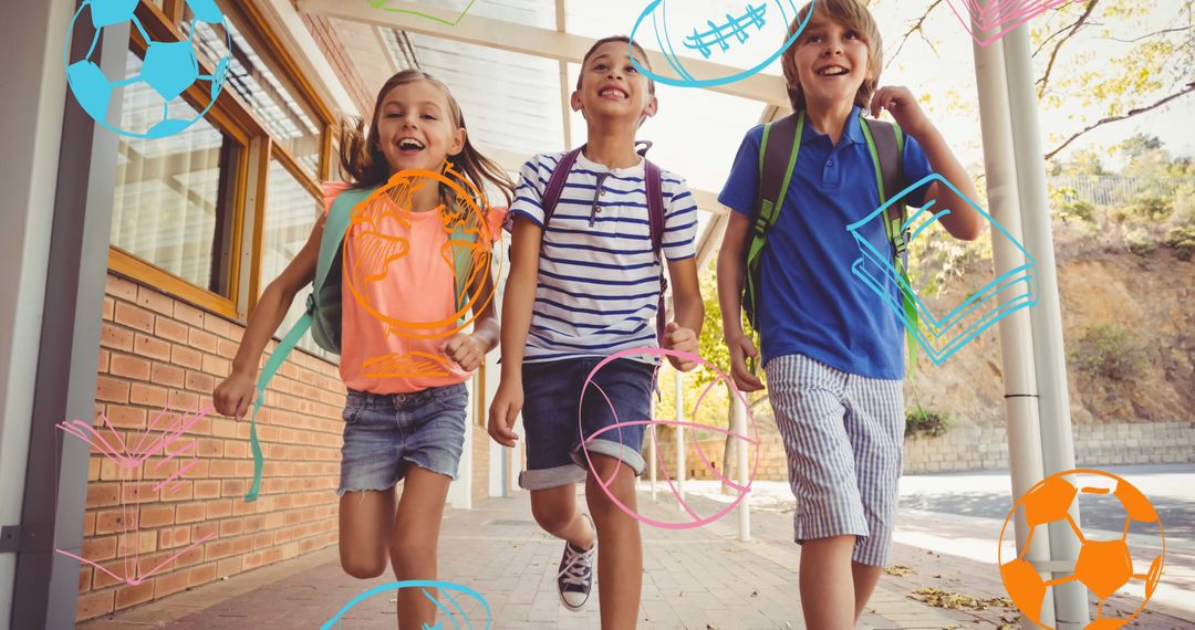 Happy Schoolchildren Running with Playful Icons
