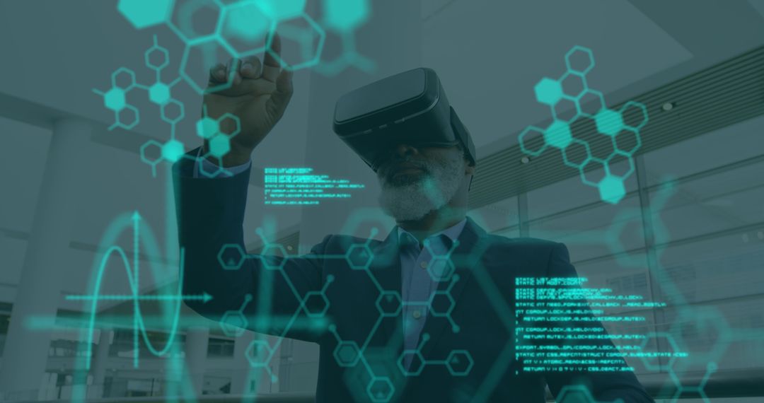 African American Senior Exploring Virtual Data with VR Headset