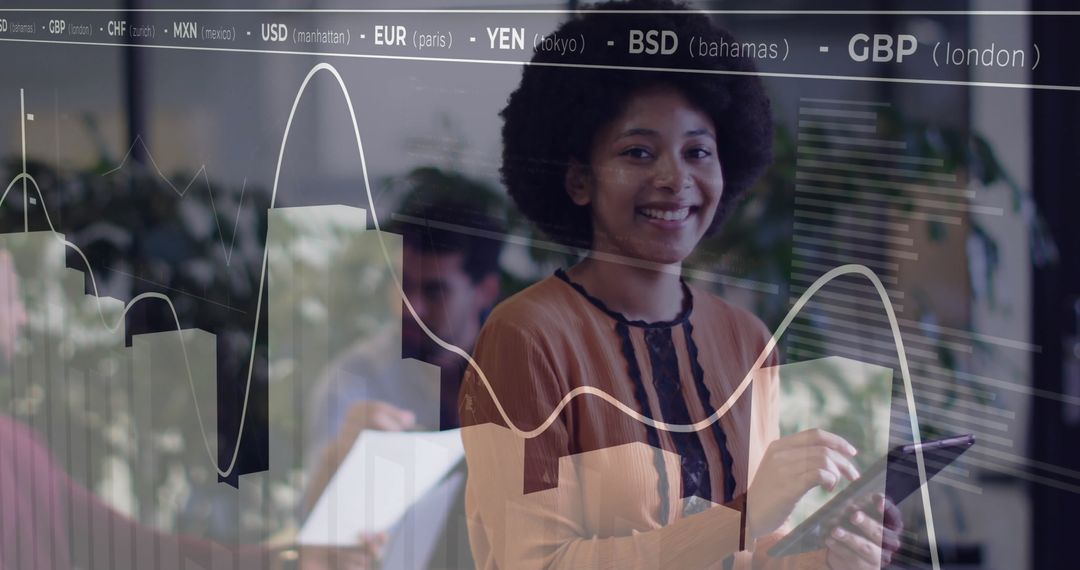 Smiling Businesswoman Analyzing Financial Data on Tablet