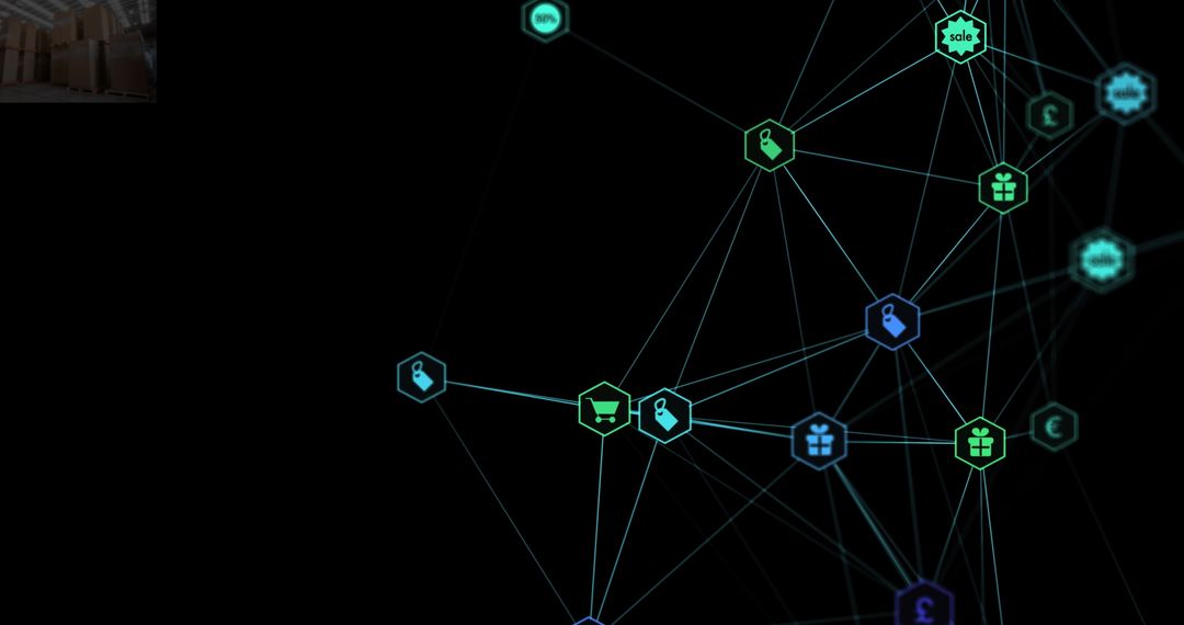 Digital Network Connections with Technology Icons on Black Background