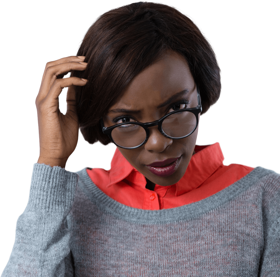 Transparent Background Woman Adjusting Glasses Curiously
