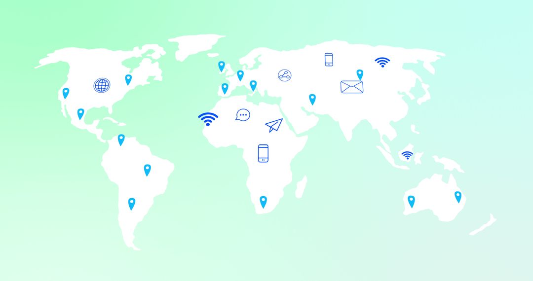 Global Technology Network Map with Communication Icons