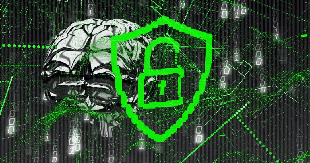 Futuristic Cybersecurity Concept with Metallic Brain and Digital Padlock