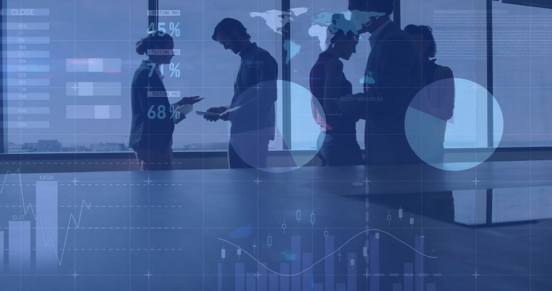 Team Analyzing Financial Data with Digital Interface in Modern Office