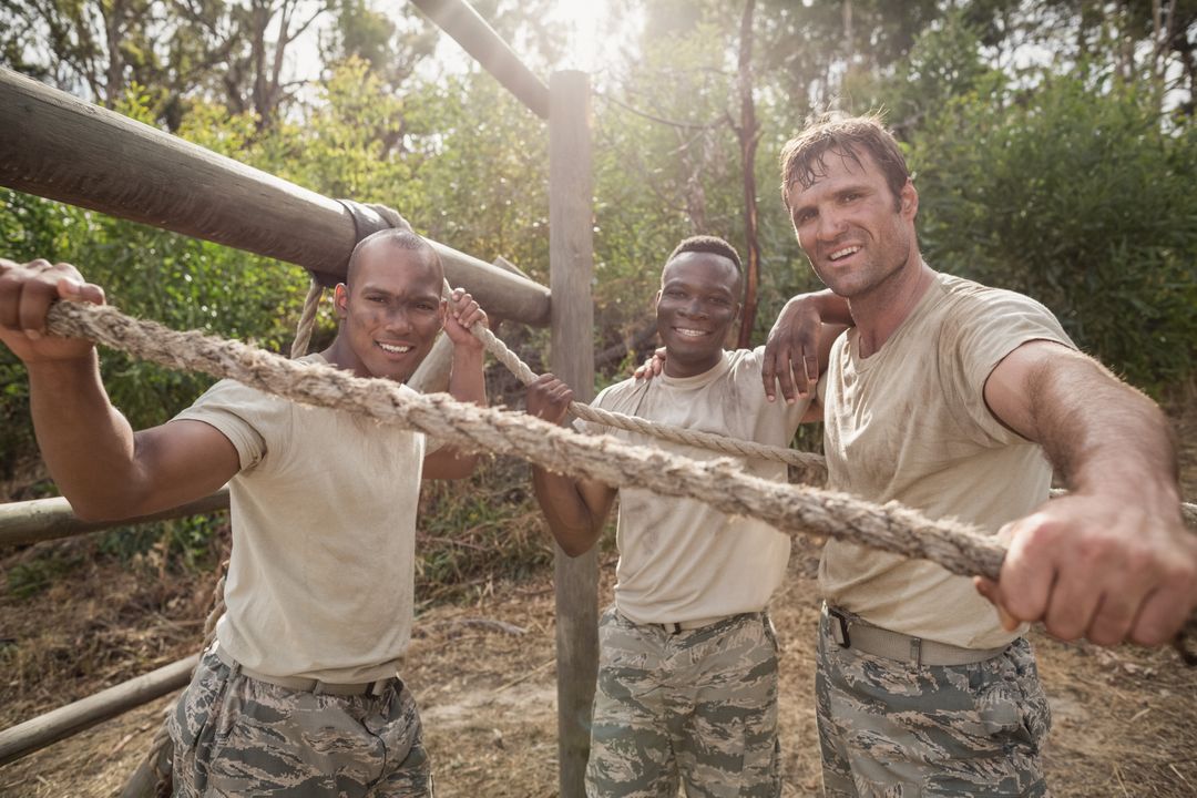 Military Soldiers Smiling During Obstacle Training at Boot Camp - Free Images, Stock Photos and Pictures on Pikwizard.com