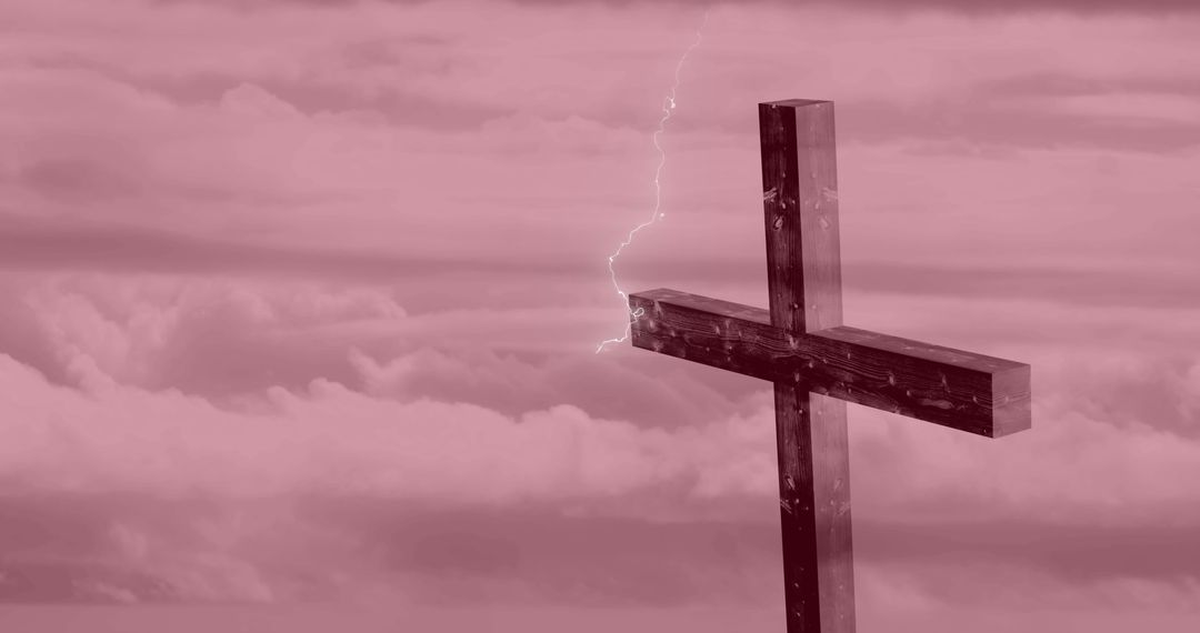 Dramatic Cross with Lightning in Stormy Sky