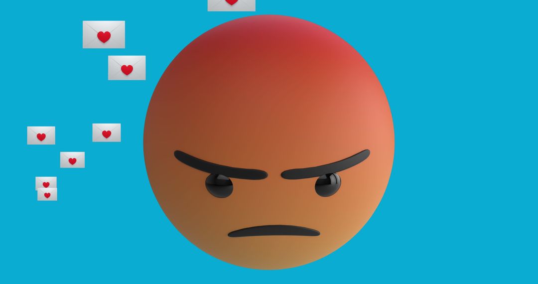 Angry Emoji with Floating Heart Icons on Blue Background