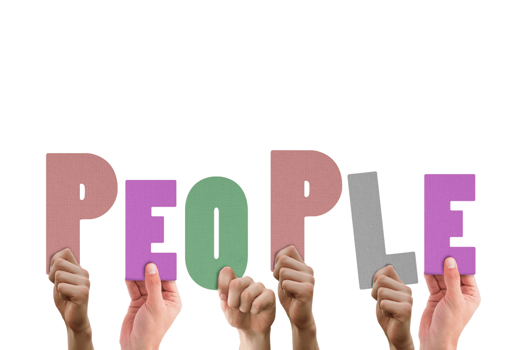 Hands Holding Colorful Transparent Letters Forming People Word