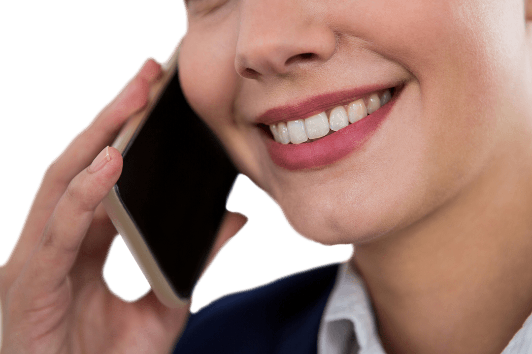 Transparent Smiling Businesswoman on Phone Demonstrating Joy