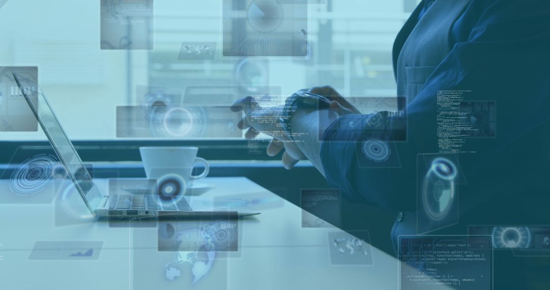 Businessman Analyzing Data on Laptop and Smartwatch Interfaces