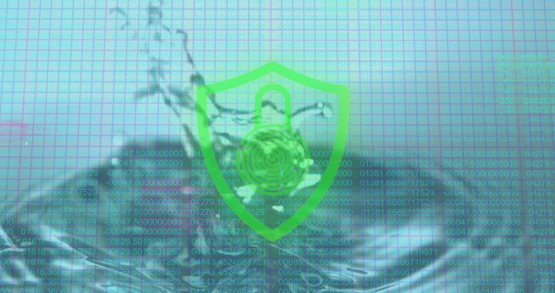 Green Shield with Padlock Over Digital Matrix