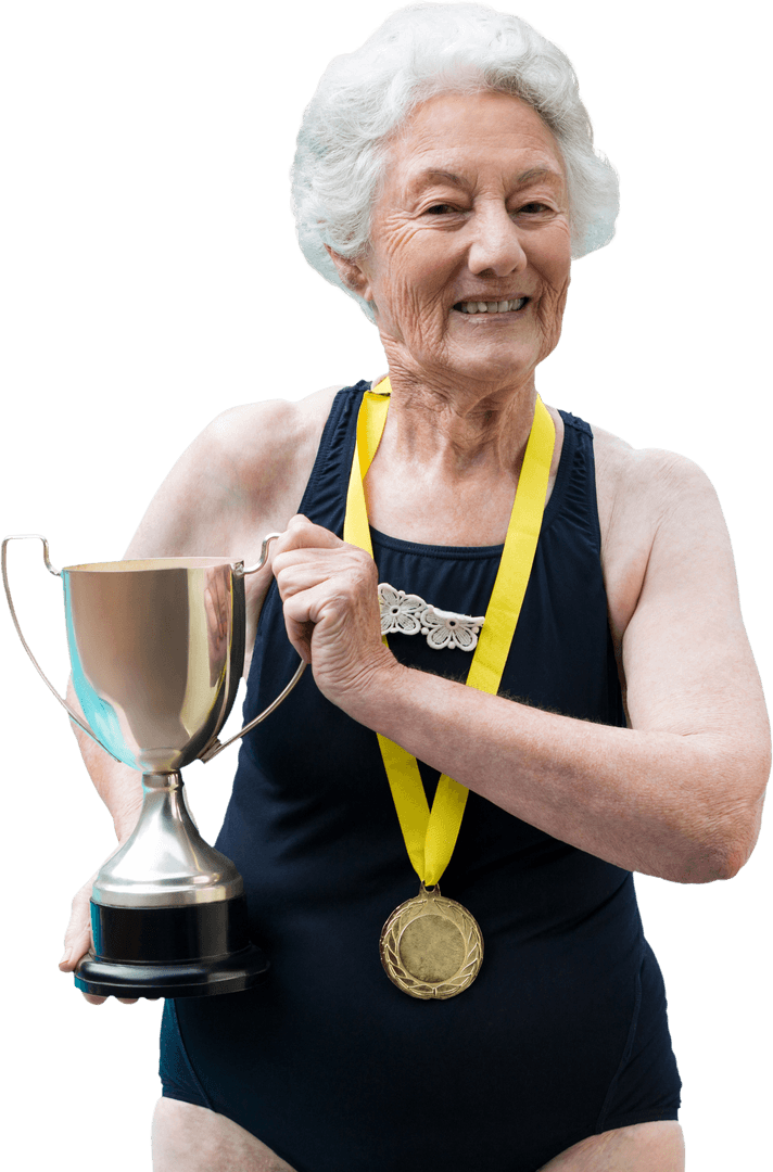 Transparent Background of Senior Swimmer Holding Trophy and Medal