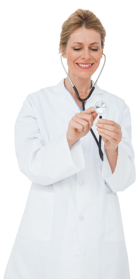 Blonde Doctor Listening with Stethoscope - Transparent Background