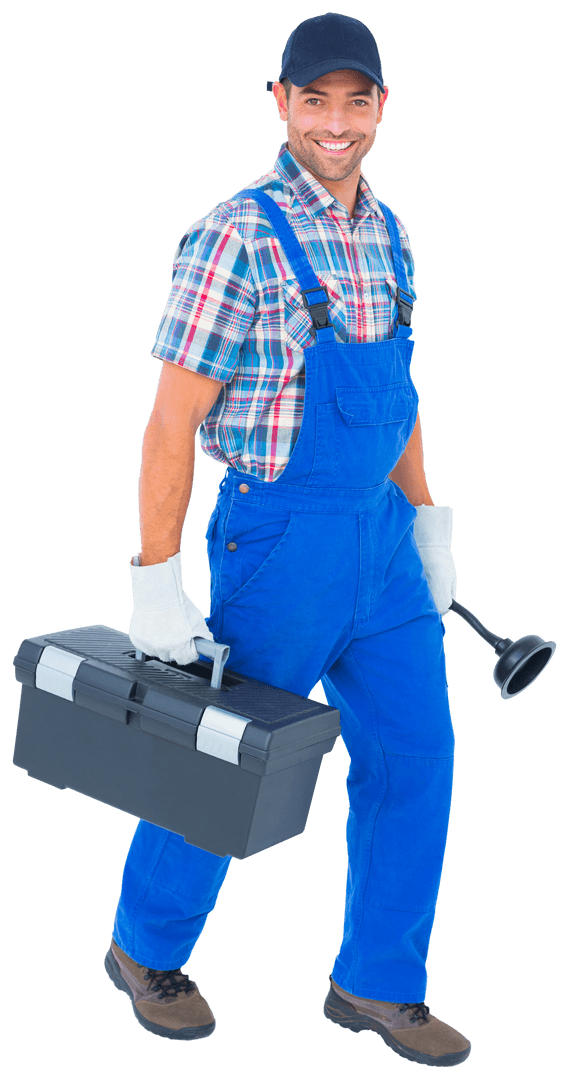 Smiling Plumber with Toolbox and Plunger on White Transparent Background